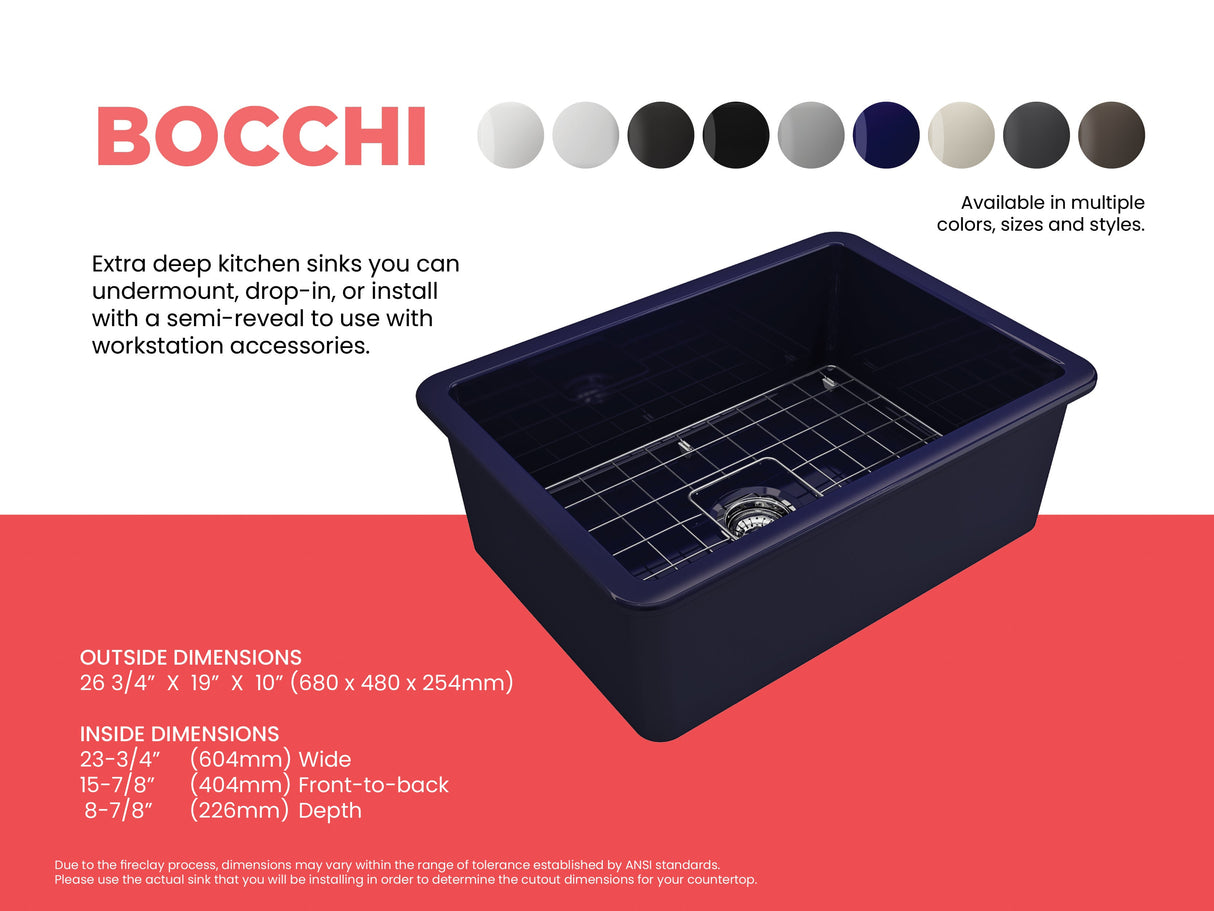 BOCCHI 1360-010-0120 Sotto Dual-mount Fireclay 27 in. Single Bowl Kitchen Sink with Protective Bottom Grid and Strainer in Sapphire Blue