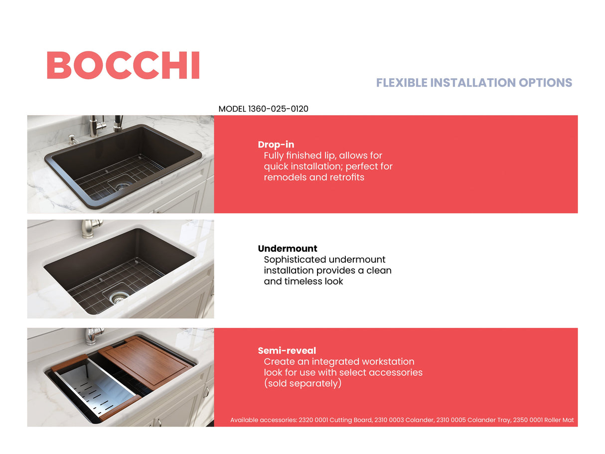 BOCCHI 1360-025-0120 Sotto Dual-mount Fireclay 27 in. Single Bowl Kitchen Sink with Protective Bottom Grid and Strainer in Matte Brown