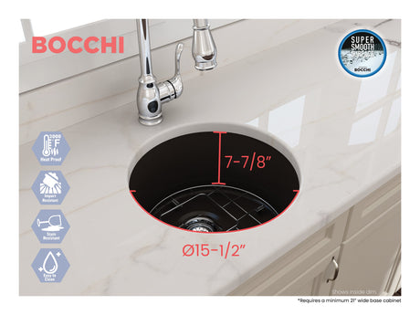 BOCCHI 1361-025-0120 Sotto Round Dual-mount Fireclay 18.5 in. Single Bowl Bar Sink with Protective Bottom Grid and Strainer in Matte Brown