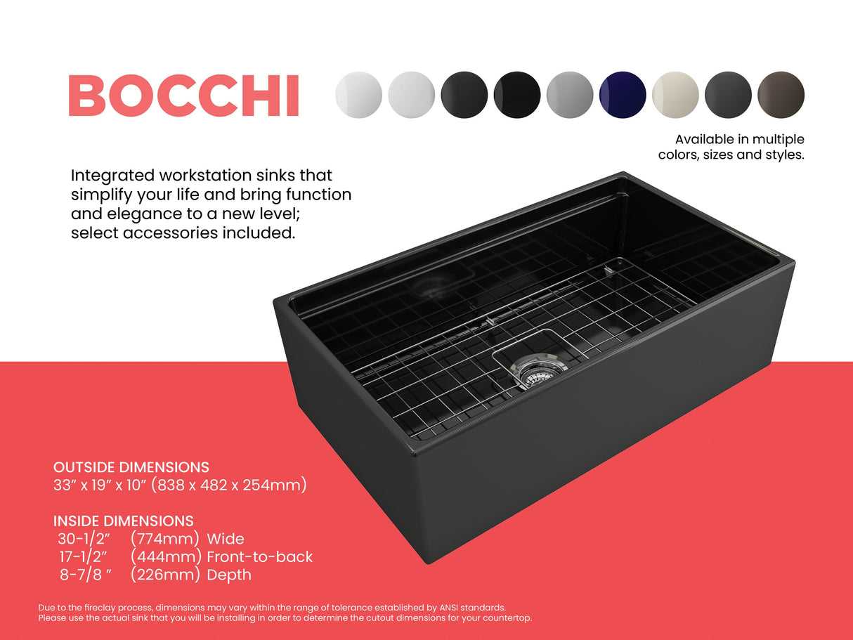 BOCCHI 1504-005-0120 Contempo Step-Rim Apron Front Fireclay 33 in. Single Bowl Kitchen Sink with Integrated Work Station & Accessories in Black