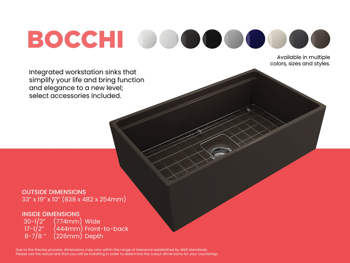 BOCCHI 1504-025-0120 Contempo Step-Rim Apron Front Fireclay 33 in. Single Bowl Kitchen Sink with Integrated Work Station & Accessories in Matte Brown