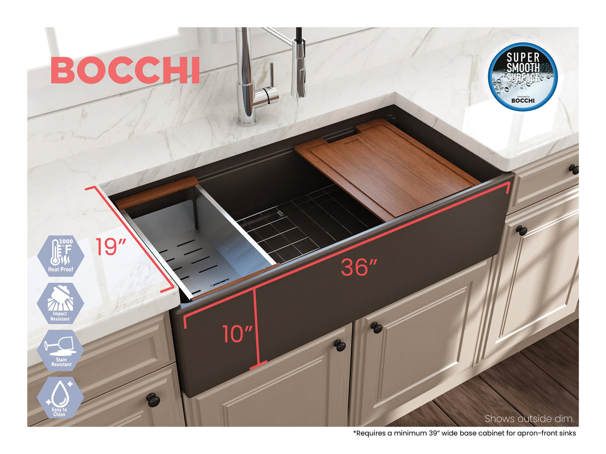 BOCCHI 1505-025-0120 Contempo Step-Rim Apron Front Fireclay 36 in. Single Bowl Kitchen Sink with Integrated Work Station & Accessories in Matte Brown