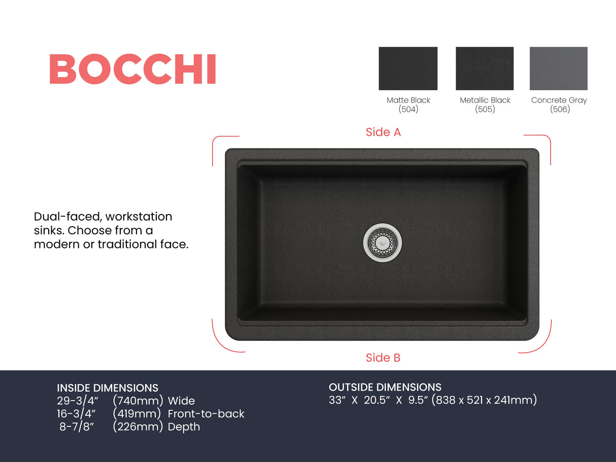 BOCCHI 1600-505-2020SS Kit: 1600 Arona Apron-Front 33 in. Single Bowl Granite Composite Kitchen Sink with Integrated Workstation and Accessories w/ Livenza 2.0 Faucet