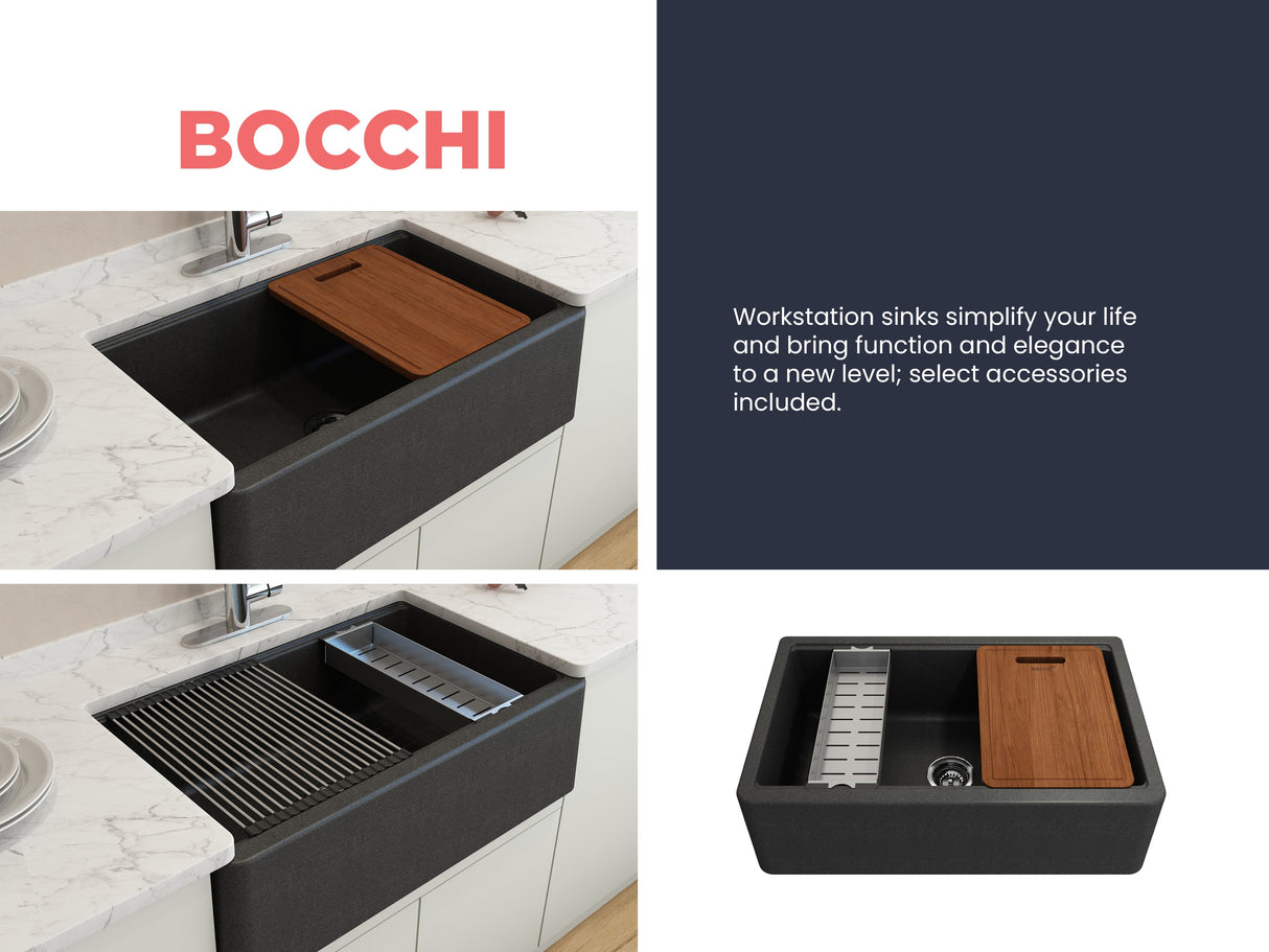 BOCCHI 1600-505-0120 Arona Apron-Front 33 in. Single Bowl Granite Composite Kitchen Sink with Integrated Workstation and Accessories in Metallic Black