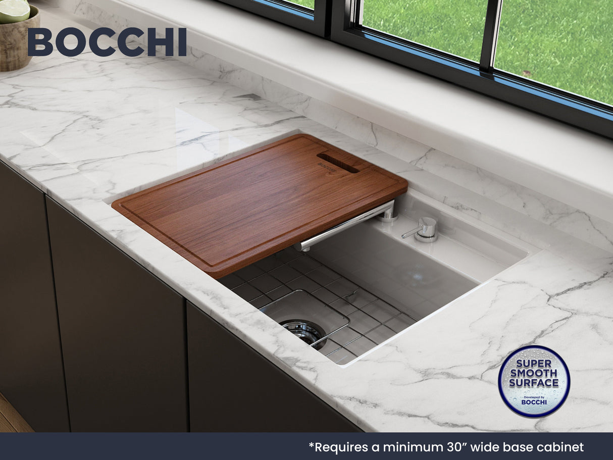 BOCCHI 1633-001-0127 Baveno Uno Dual-Mount with Integrated Workstation Fireclay 27 in. Single Bowl Kitchen Sink 3-hole with Accessories in White