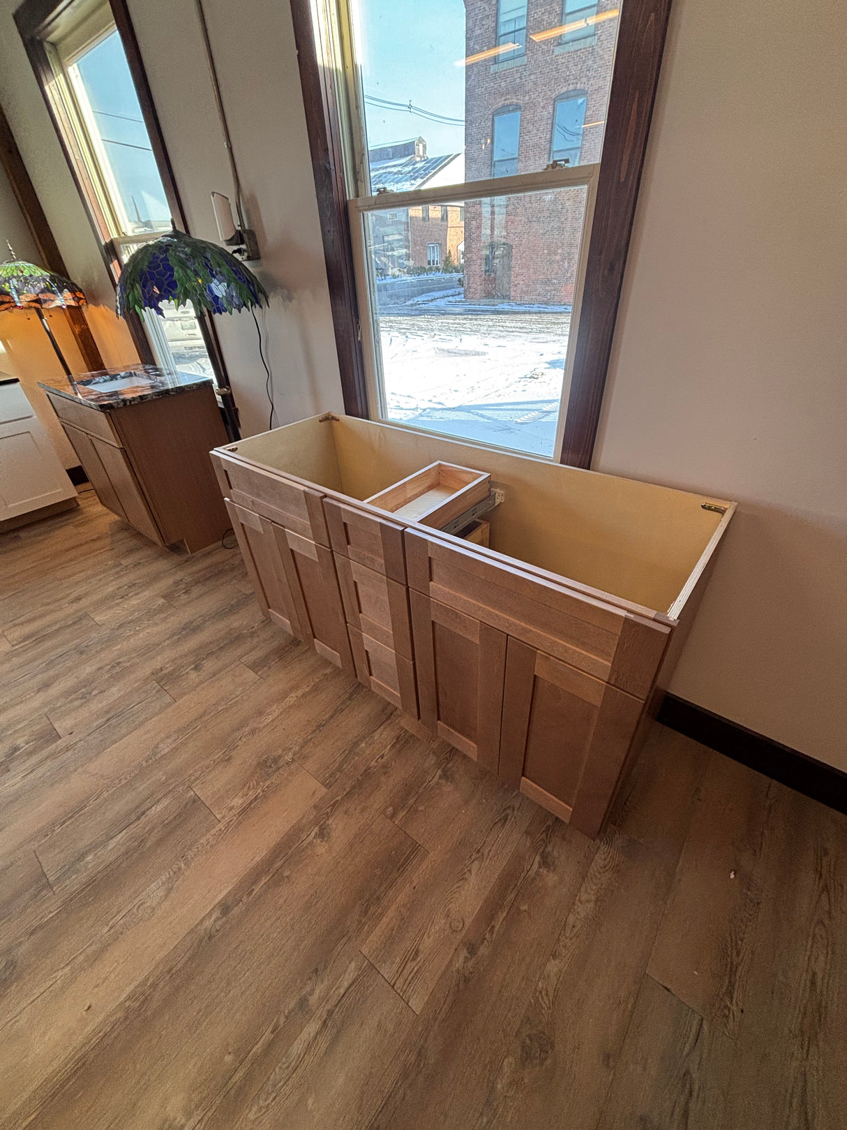 60" Cab-Tec Shaker Carmel Double Vanity w/ Vermont Verde Stone Top