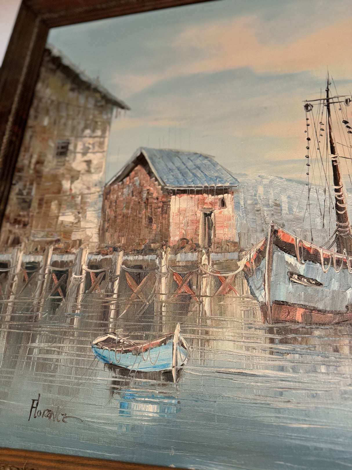 Vintage Coastal Harbor Oil Painting – Wood Frame
