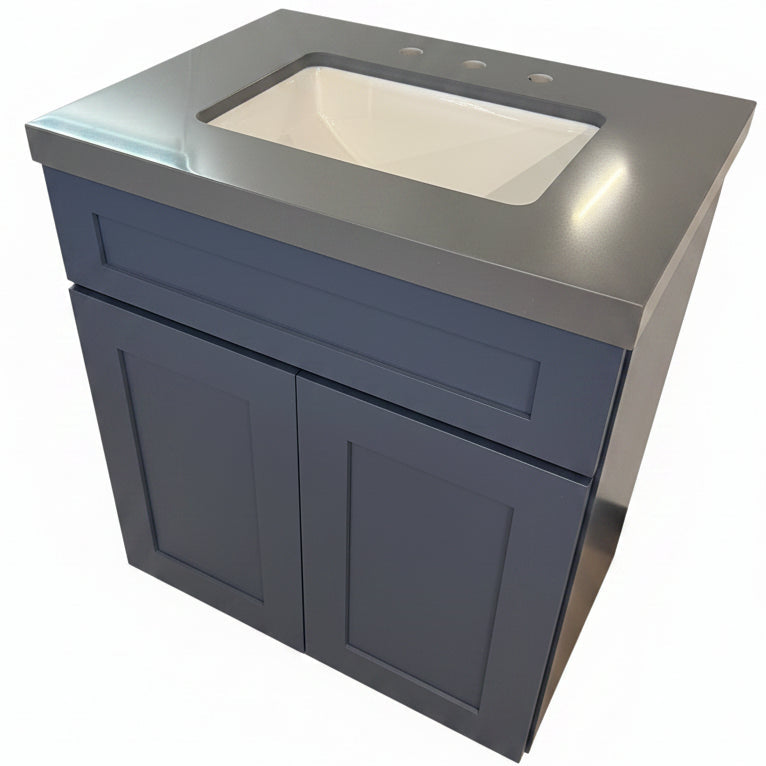 30" Cab-Tec Shaker Navy Vanity with Spectre Grey Fairmont Designs Quartz Top – Modern Bathroom Suite