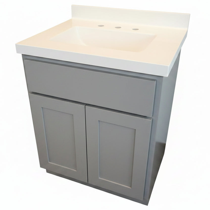 27" Essential Gray Vanity with Custom White Solid Surface Top & Integrated Sink