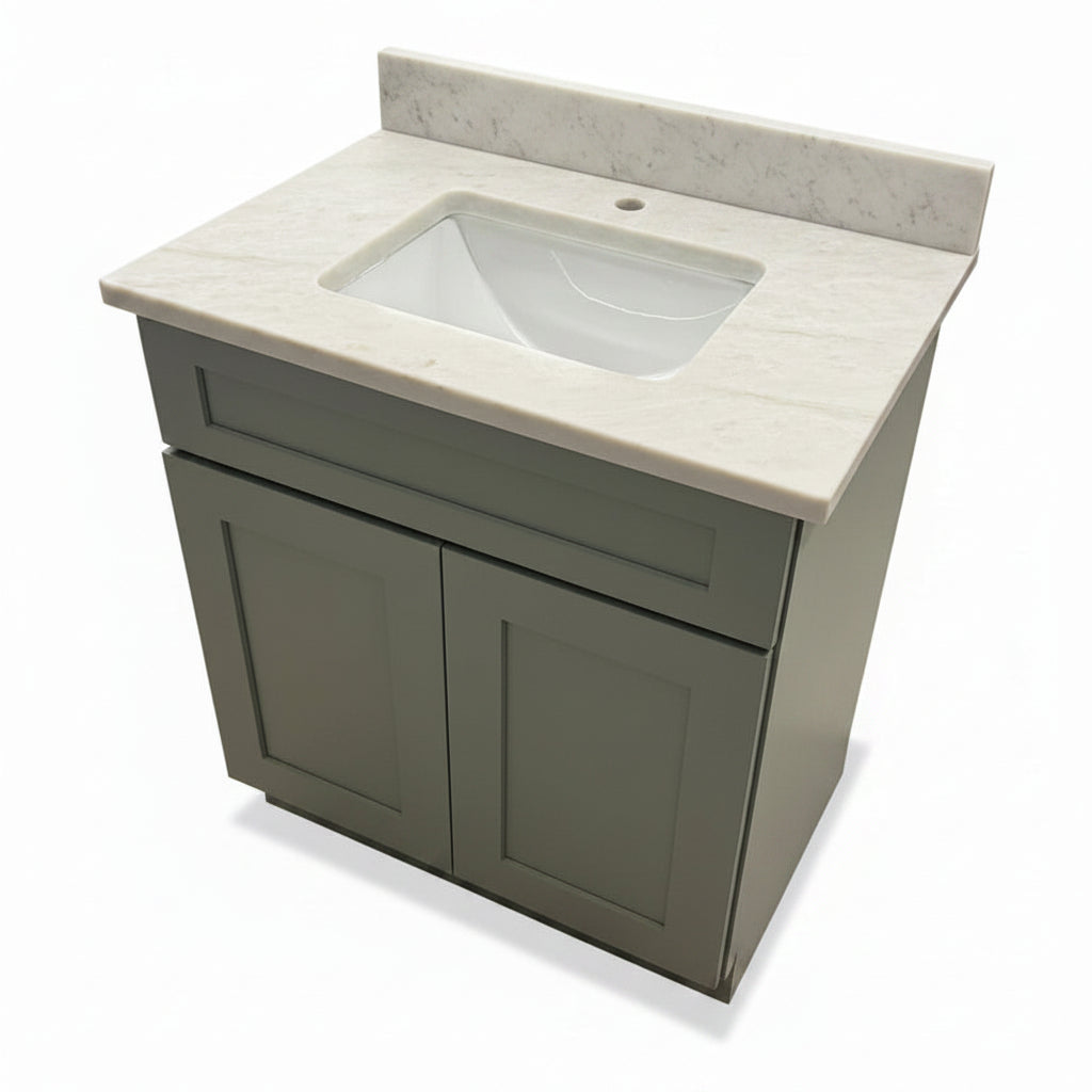 Cab-Tec 31" Moss Green Shaker Vanity with Taj Mahal Quartz Top & Integrated Sink