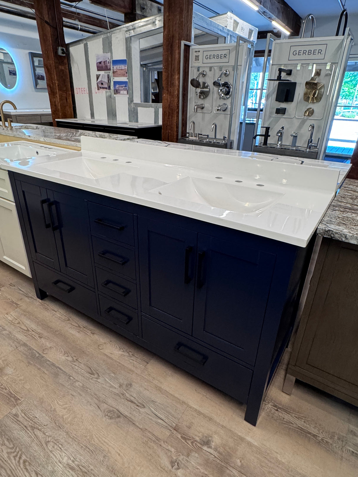 New England Home Goods "Bert" - 60" Double Sink Vanity in Navy with Cultured Marble Top