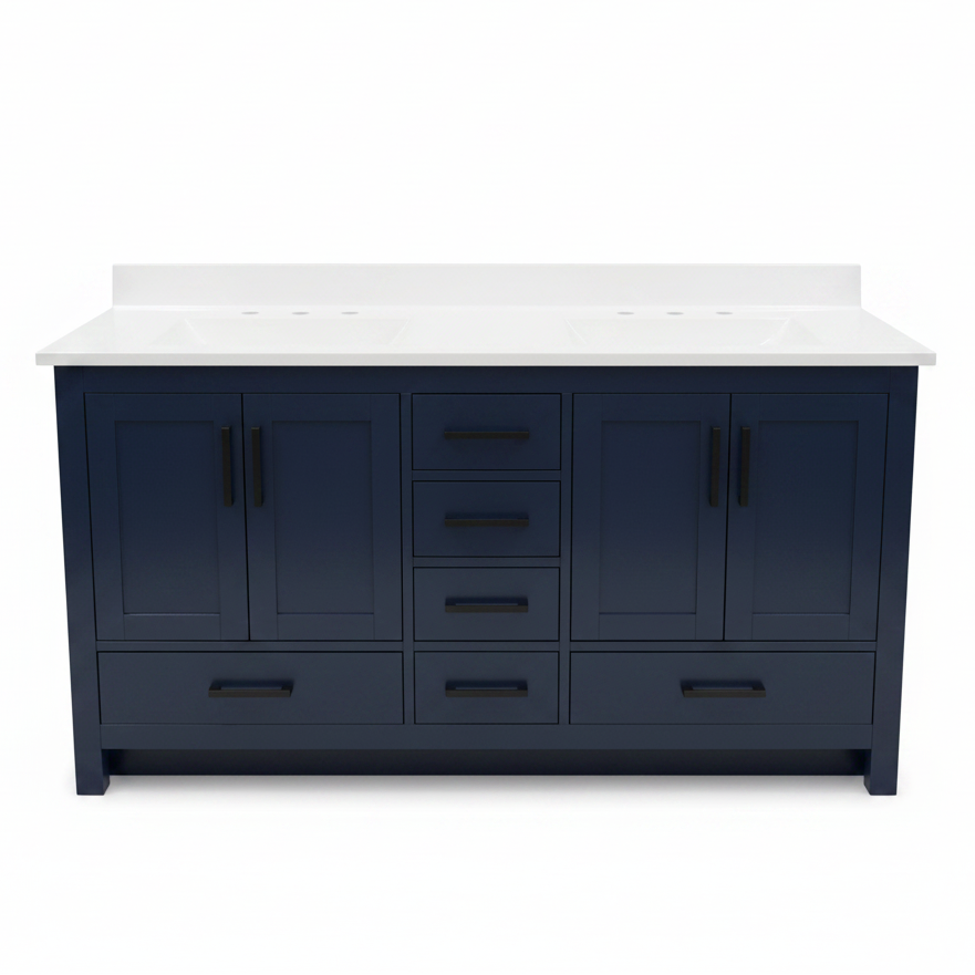 New England Home Goods "Bert" - 60" Double Sink Vanity in Navy with Cultured Marble Top