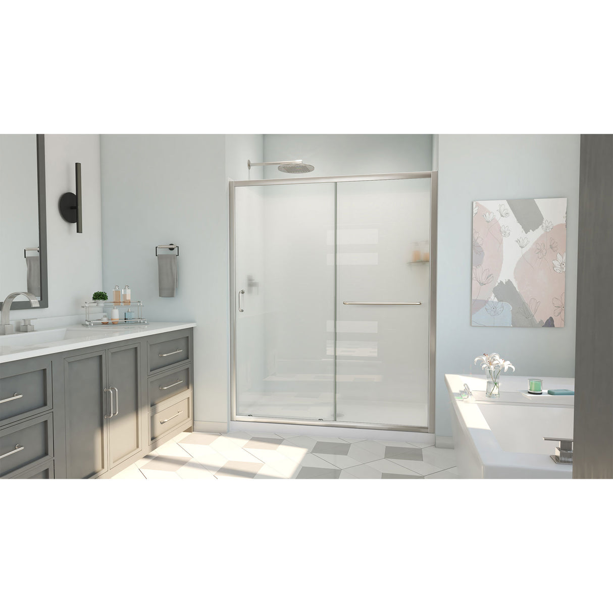 DreamLine Infinity-Z 32 in. D x 60 in. W x 78 3/4 in. H Sliding Shower Door, Base, and White Wall Kit in Brushed Nickel and Frosted Glass