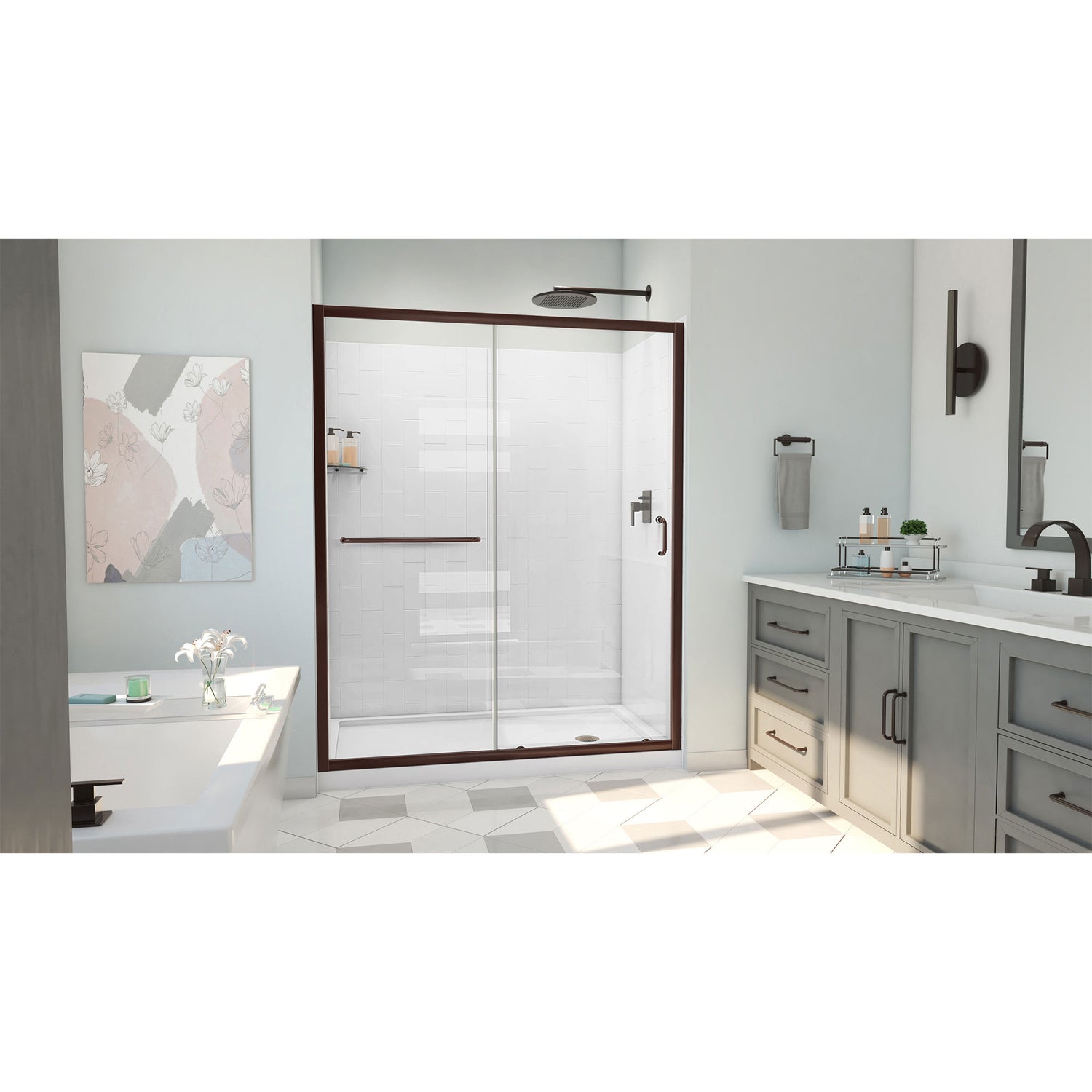 DreamLine Infinity-Z 30 in. D x 60 in. W x 78 3/4 in. H Sliding Shower Door, Base, and White Wall Kit in Oil Rubbed Bronze and Clear Glass