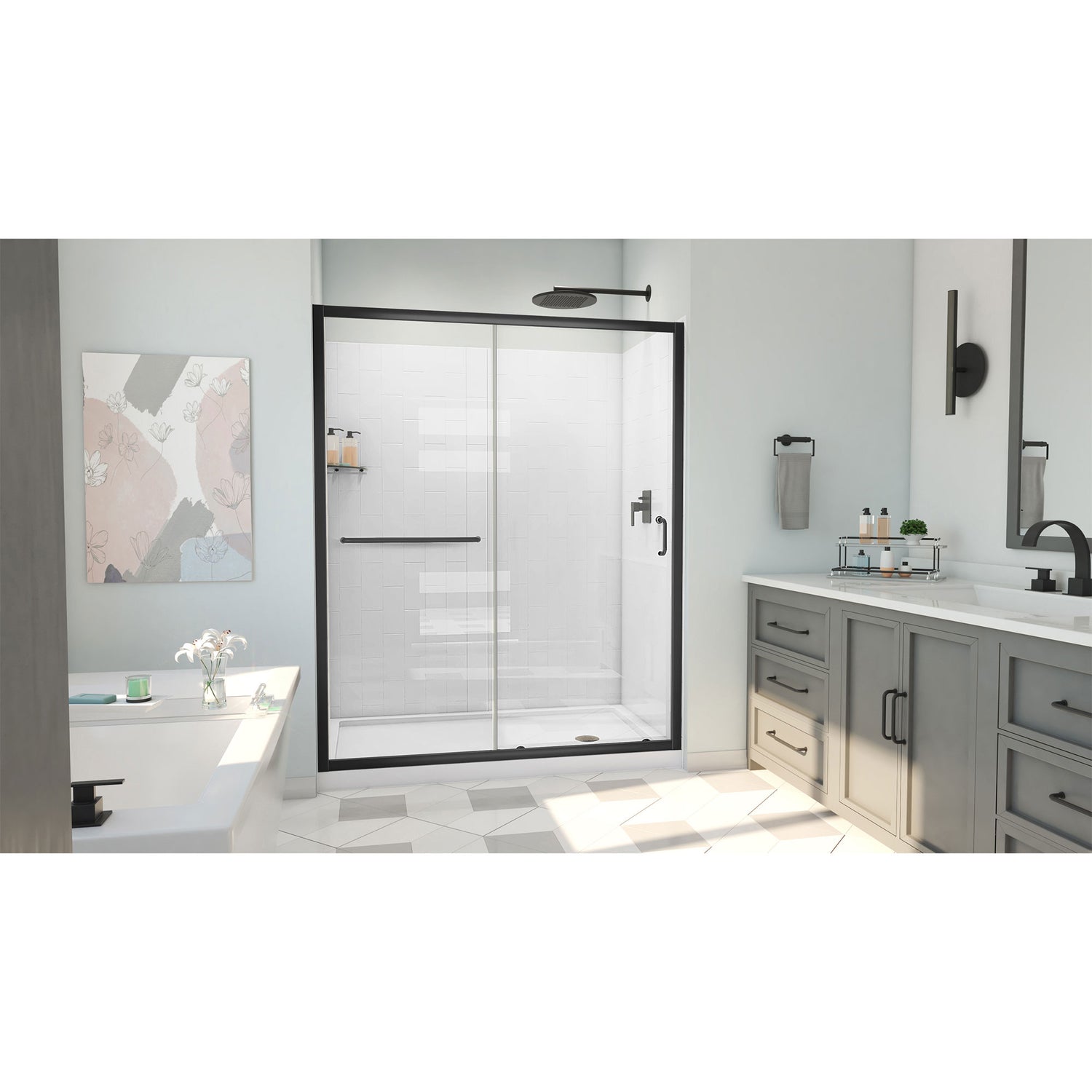 DreamLine Infinity-Z 32 in. D x 60 in. W x 78 3/4 in. H Sliding Shower Door, Base, and White Wall Kit in Satin Black and Clear Glass