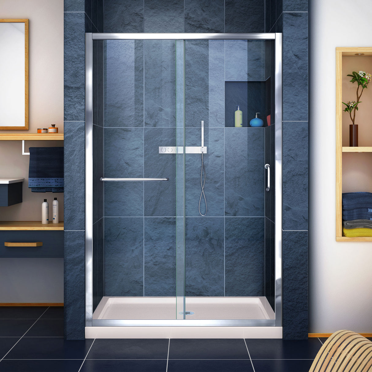 DreamLine Infinity-Z 36 in. D x 48 in. W x 74 3/4 in. H Clear Sliding Shower Door in Chrome and Center Drain Biscuit Base