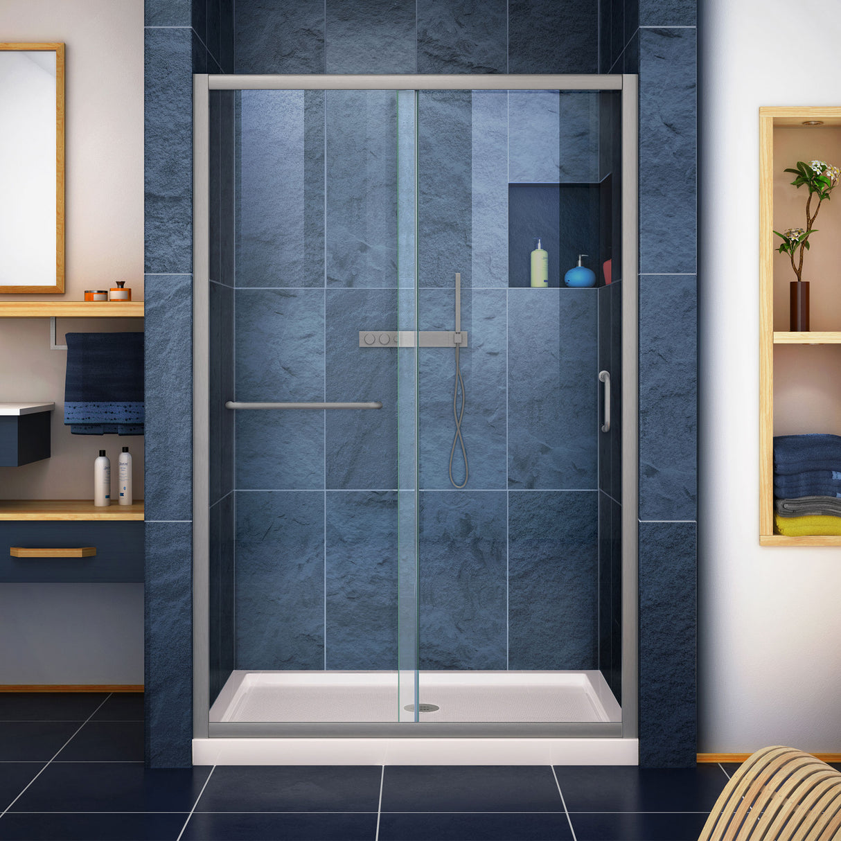 DreamLine Infinity-Z 36 in. D x 48 in. W x 74 3/4 in. H Clear Sliding Shower Door in Brushed Nickel and Center Drain Biscuit Base