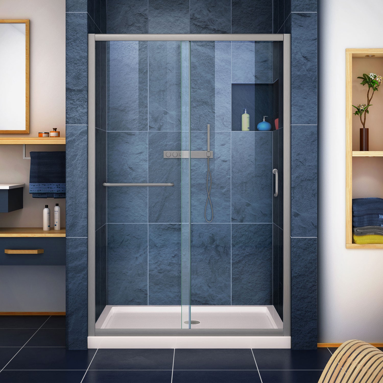 DreamLine Infinity-Z 36 in. D x 48 in. W x 74 3/4 in. H Clear Sliding Shower Door in Brushed Nickel and Center Drain Biscuit Base
