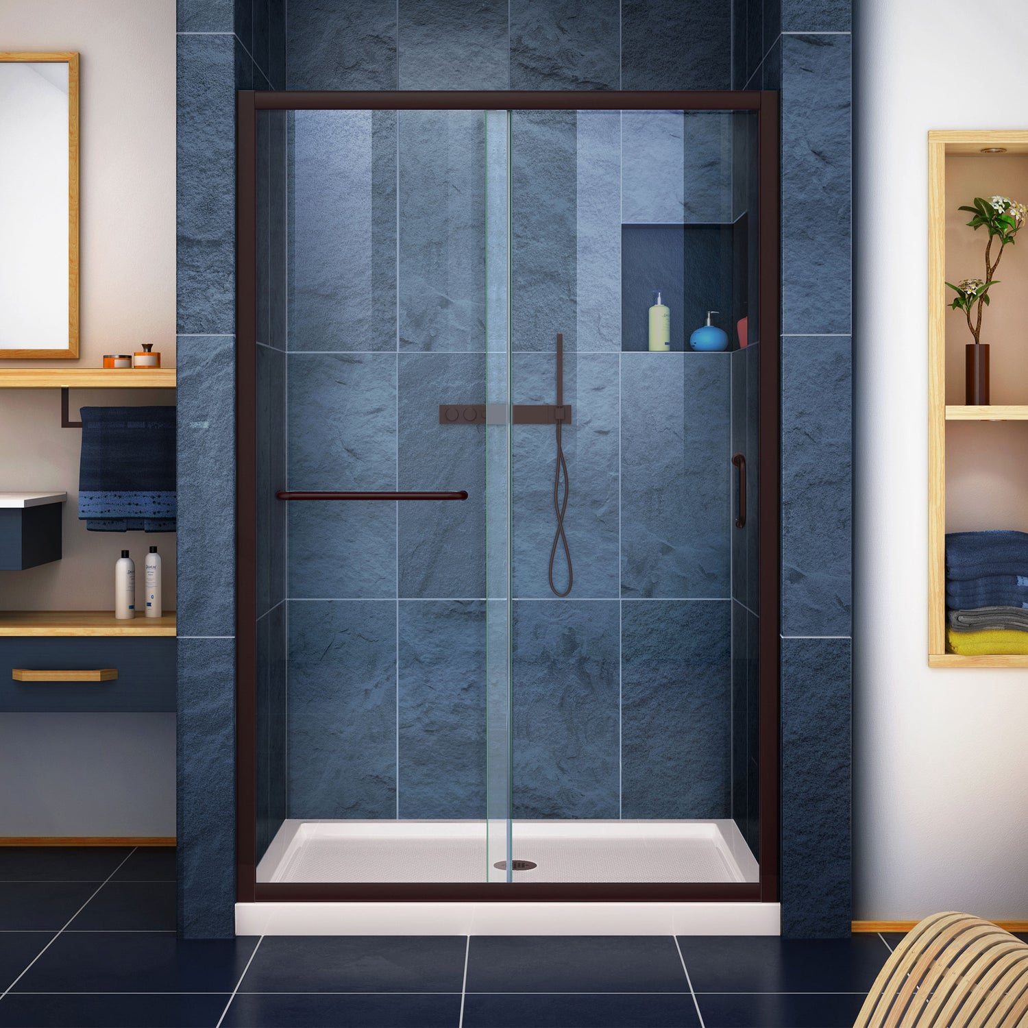 DreamLine Infinity-Z 36 in. D x 48 in. W x 74 3/4 in. H Clear Sliding Shower Door in Oil Rubbed Bronze, Center Drain Biscuit Base