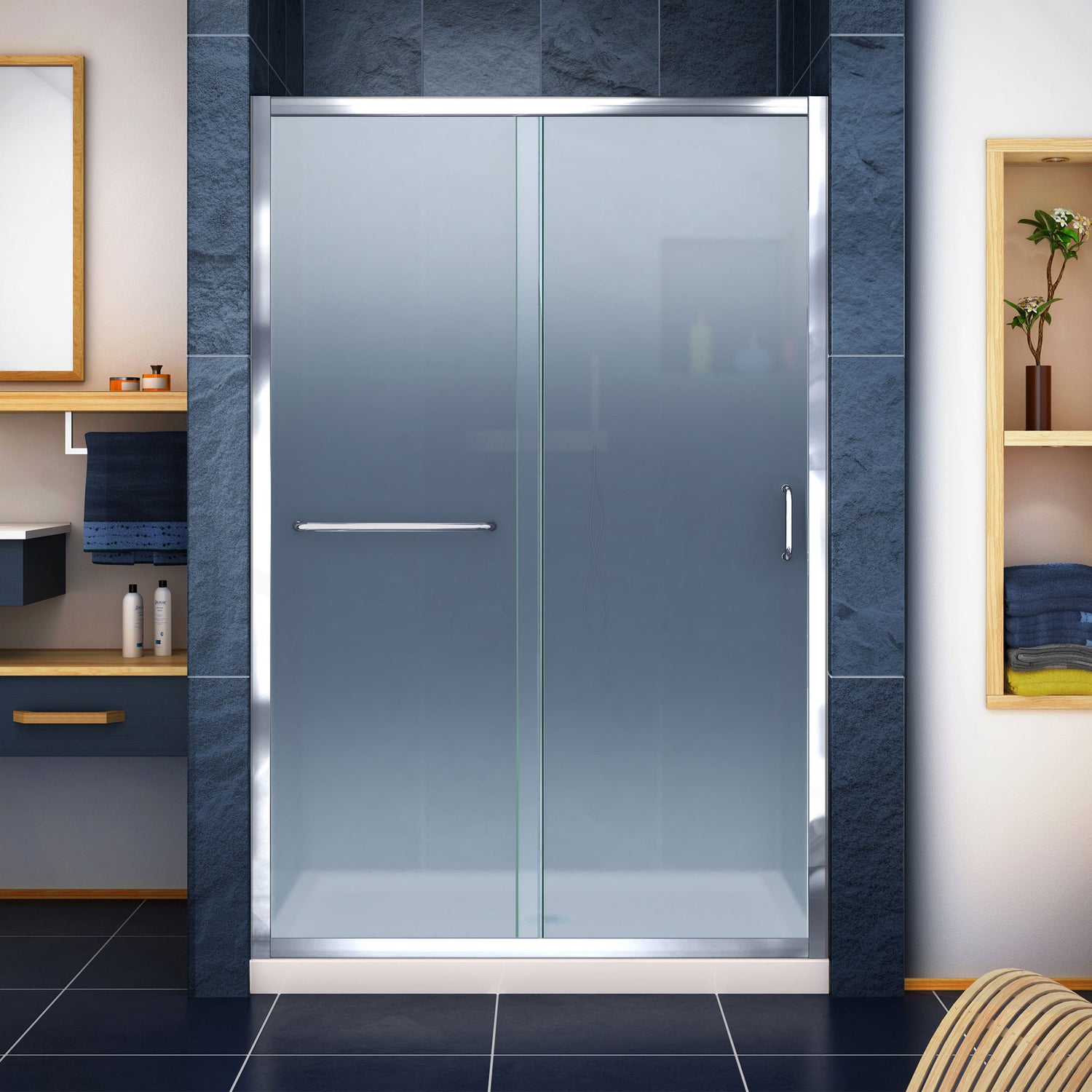 DreamLine Infinity-Z 36 in. D x 48 in. W x 74 3/4 in. H Frosted Sliding Shower Door in Chrome and Center Drain Biscuit Base
