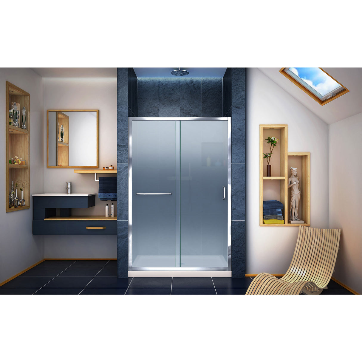 DreamLine Infinity-Z 36 in. D x 48 in. W x 74 3/4 in. H Frosted Sliding Shower Door in Chrome and Center Drain Biscuit Base