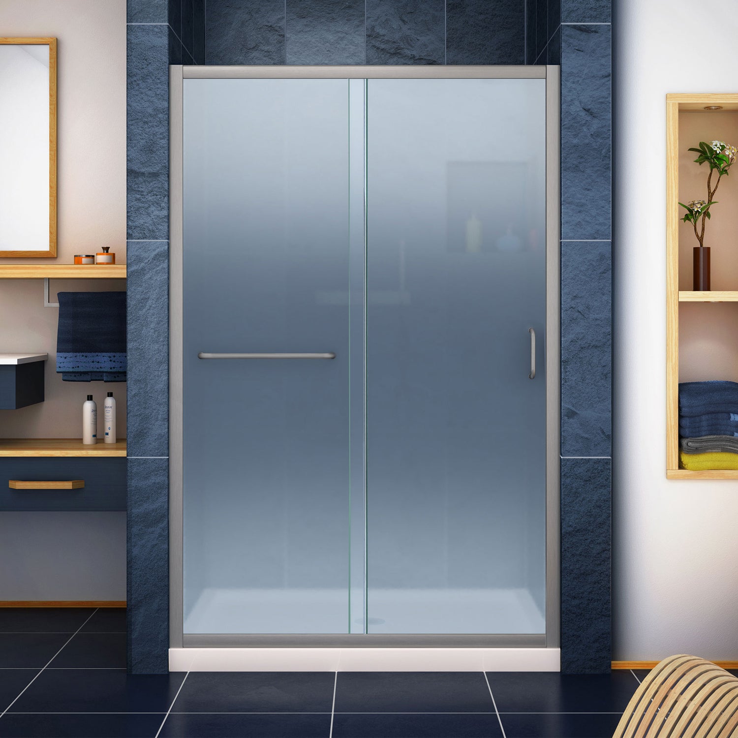 DreamLine Infinity-Z 36 in. D x 48 in. W x 74 3/4 in. H Frosted Sliding Shower Door in Brushed Nickel, Center Drain Biscuit Base