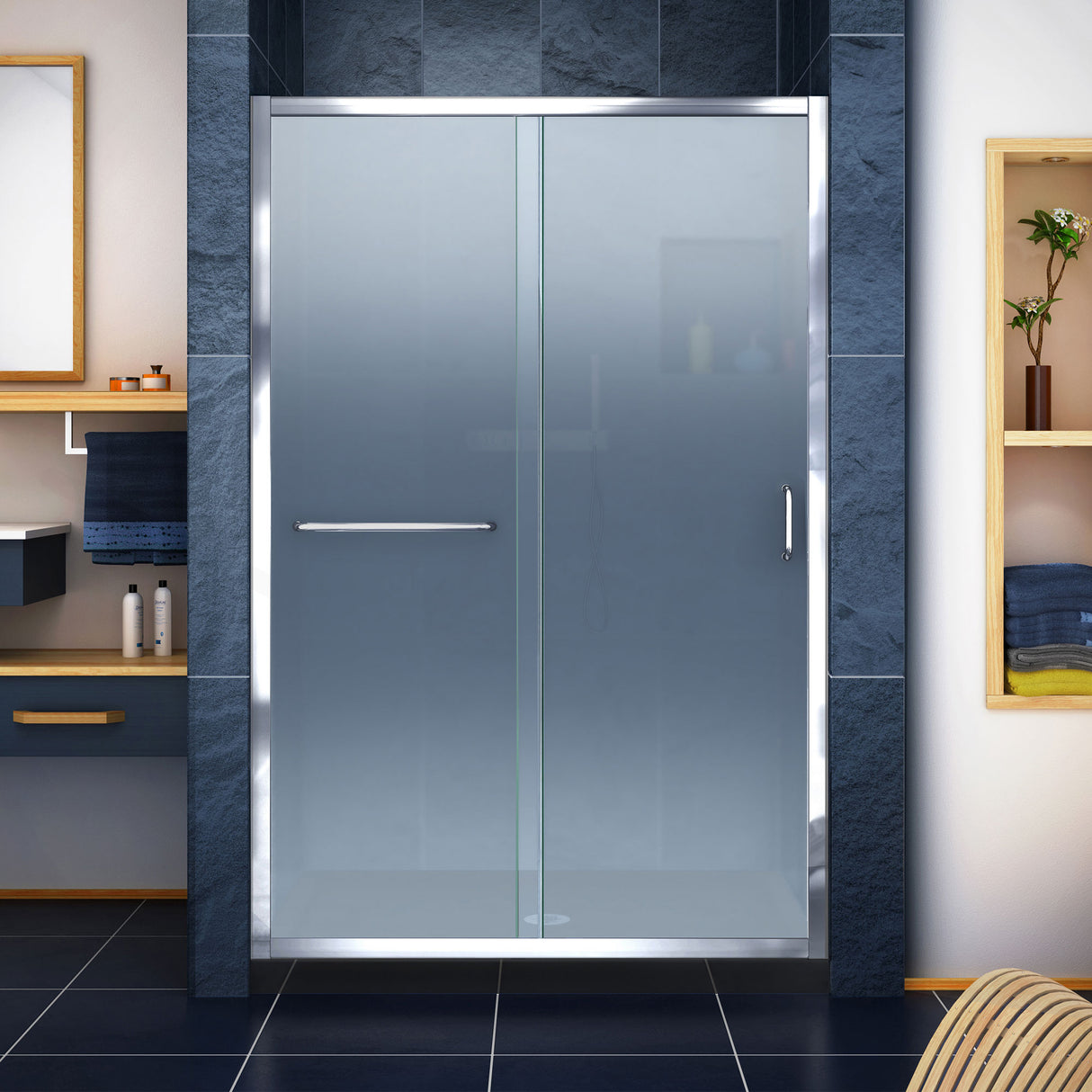 DreamLine Infinity-Z 36 in. D x 48 in. W x 74 3/4 in. H Frosted Sliding Shower Door in Chrome and Center Drain Black Base