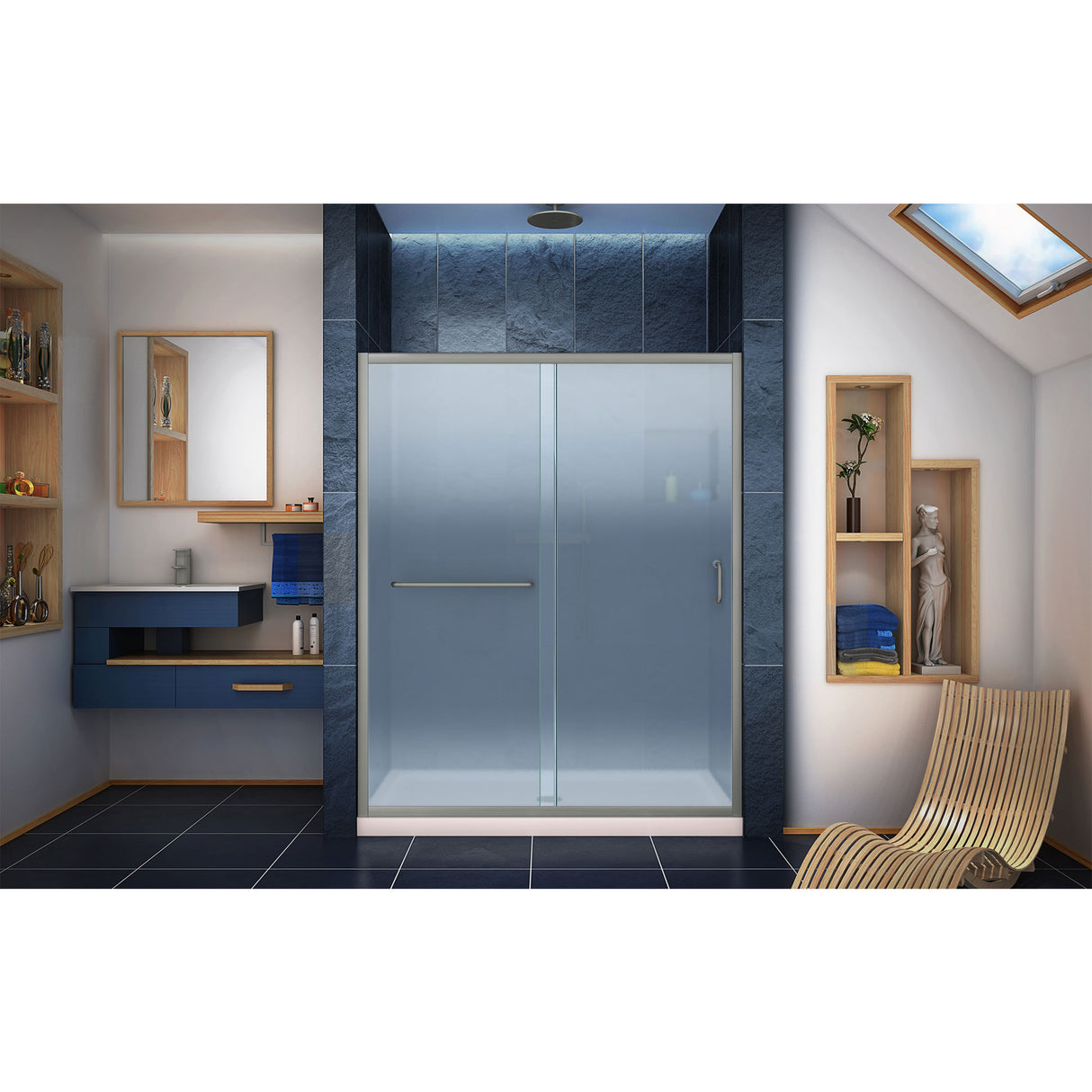DreamLine Infinity-Z 32 in. D x 60 in. W x 74 3/4 in. H Frosted Sliding Shower Door in Brushed Nickel, Center Drain Biscuit Base