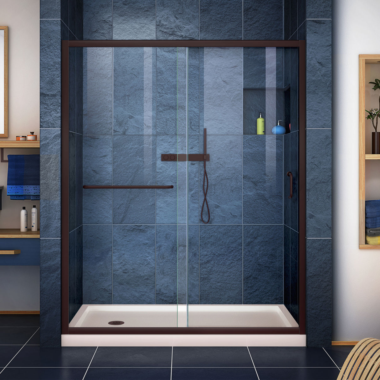 DreamLine Infinity-Z 32 in. D x 60 in. W x 74 3/4 in. H Clear Sliding Shower Door in Oil Rubbed Bronze and Left Drain Biscuit Base