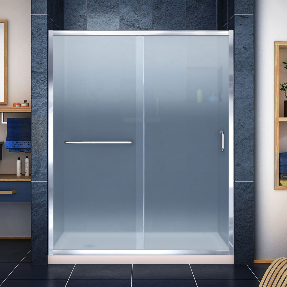 DreamLine Infinity-Z 32 in. D x 60 in. W x 74 3/4 in. H Frosted Sliding Shower Door in Chrome and Left Drain Biscuit Base