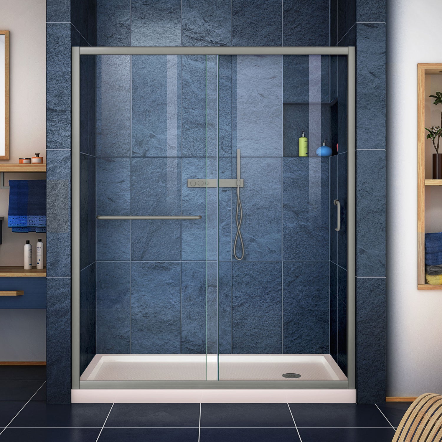DreamLine Infinity-Z 36 in. D x 60 in. W x 74 3/4 in. H Clear Sliding Shower Door in Brushed Nickel and Right Drain Biscuit Base