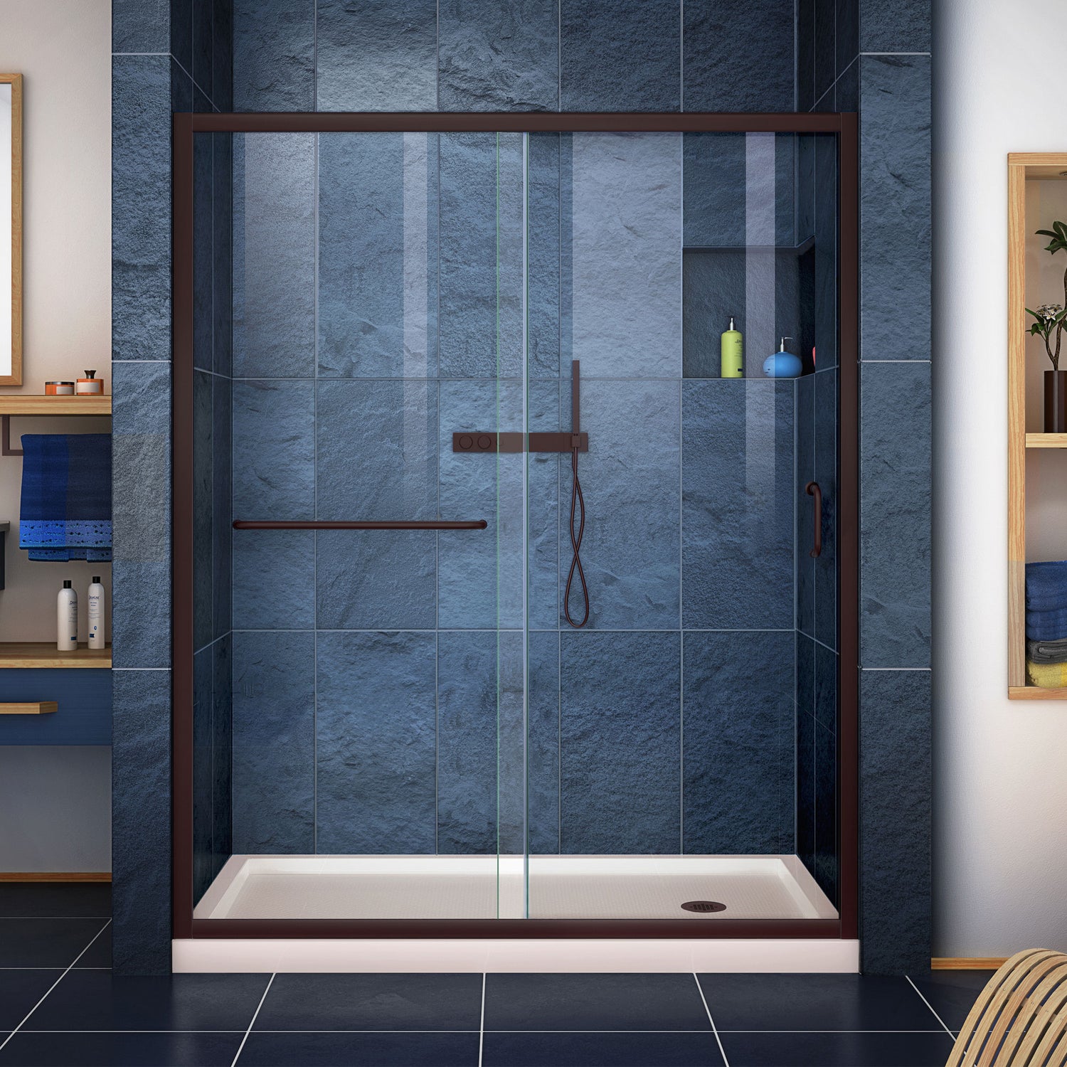 DreamLine Infinity-Z 32 in. D x 60 in. W x 74 3/4 in. H Clear Sliding Shower Door in Oil Rubbed Bronze, Right Drain Biscuit Base