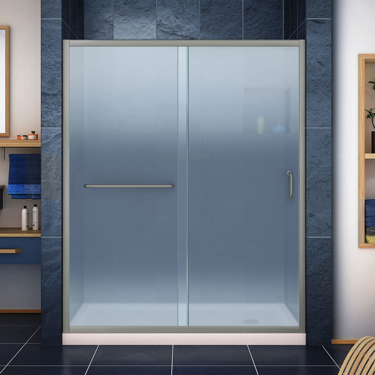 DreamLine Infinity-Z 32 in. D x 60 in. W x 74 3/4 in. H Frosted Sliding Shower Door in Brushed Nickel and Right Drain Biscuit Base