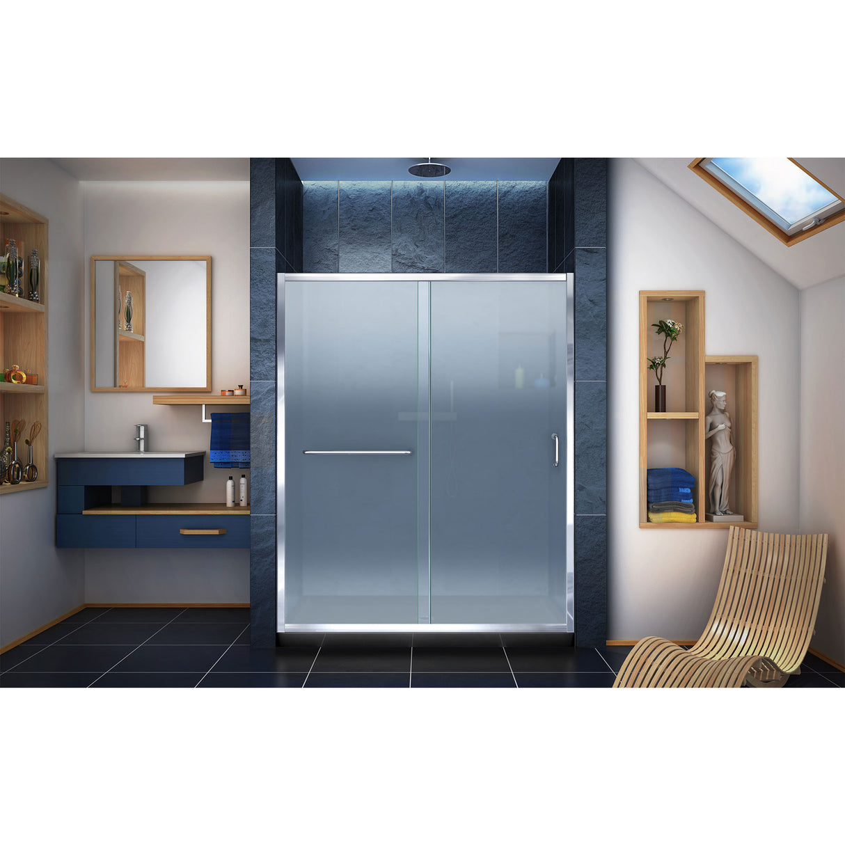 DreamLine Infinity-Z 30 in. D x 60 in. W x 74 3/4 in. H Frosted Sliding Shower Door in Chrome and Center Drain Black Base