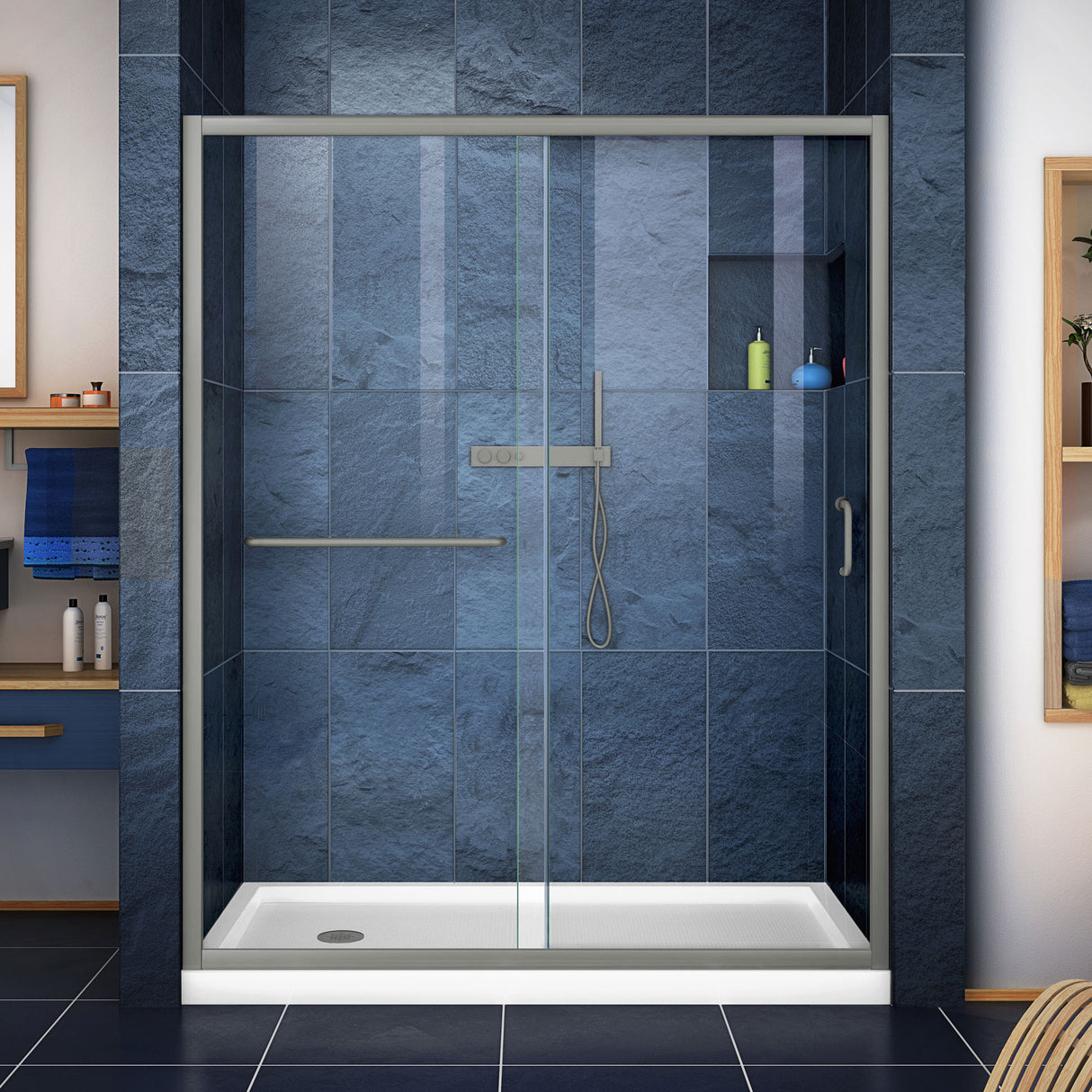 DreamLine Infinity-Z 32 in. D x 60 in. W x 74 3/4 in. H Clear Sliding Shower Door in Brushed Nickel and Left Drain White Base