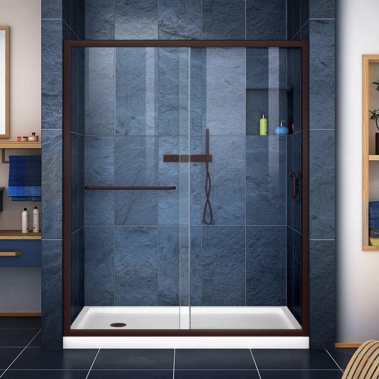 DreamLine Infinity-Z 36 in. D x 60 in. W x 74 3/4 in. H Clear Sliding Shower Door in Oil Rubbed Bronze and Left Drain White Base