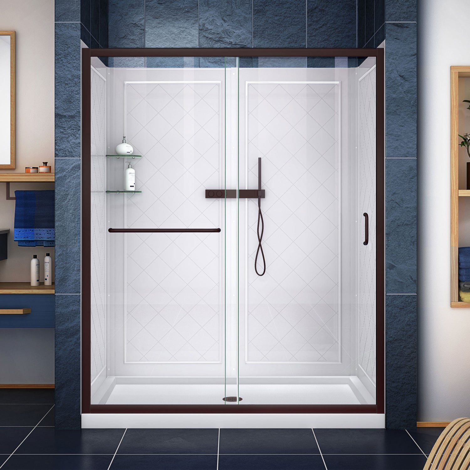 DreamLine Infinity-Z 34 in. D x 60 in. W x 76 3/4 in. H Clear Sliding Shower Door in Oil Rubbed Bronze, Center Drain and Wall Kit