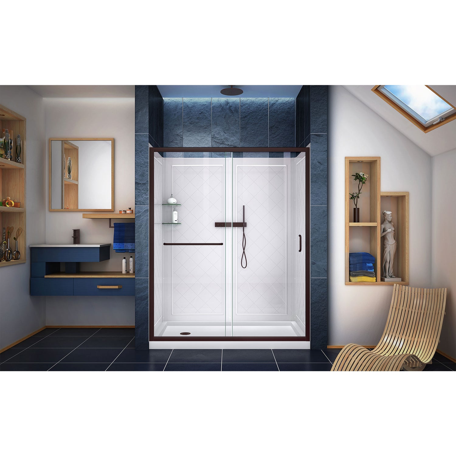DreamLine Infinity-Z 36 in. D x 60 in. W x 76 3/4 in. H Clear Sliding Shower Door in Oil Rubbed Bronze, Left Drain and Wall Kit