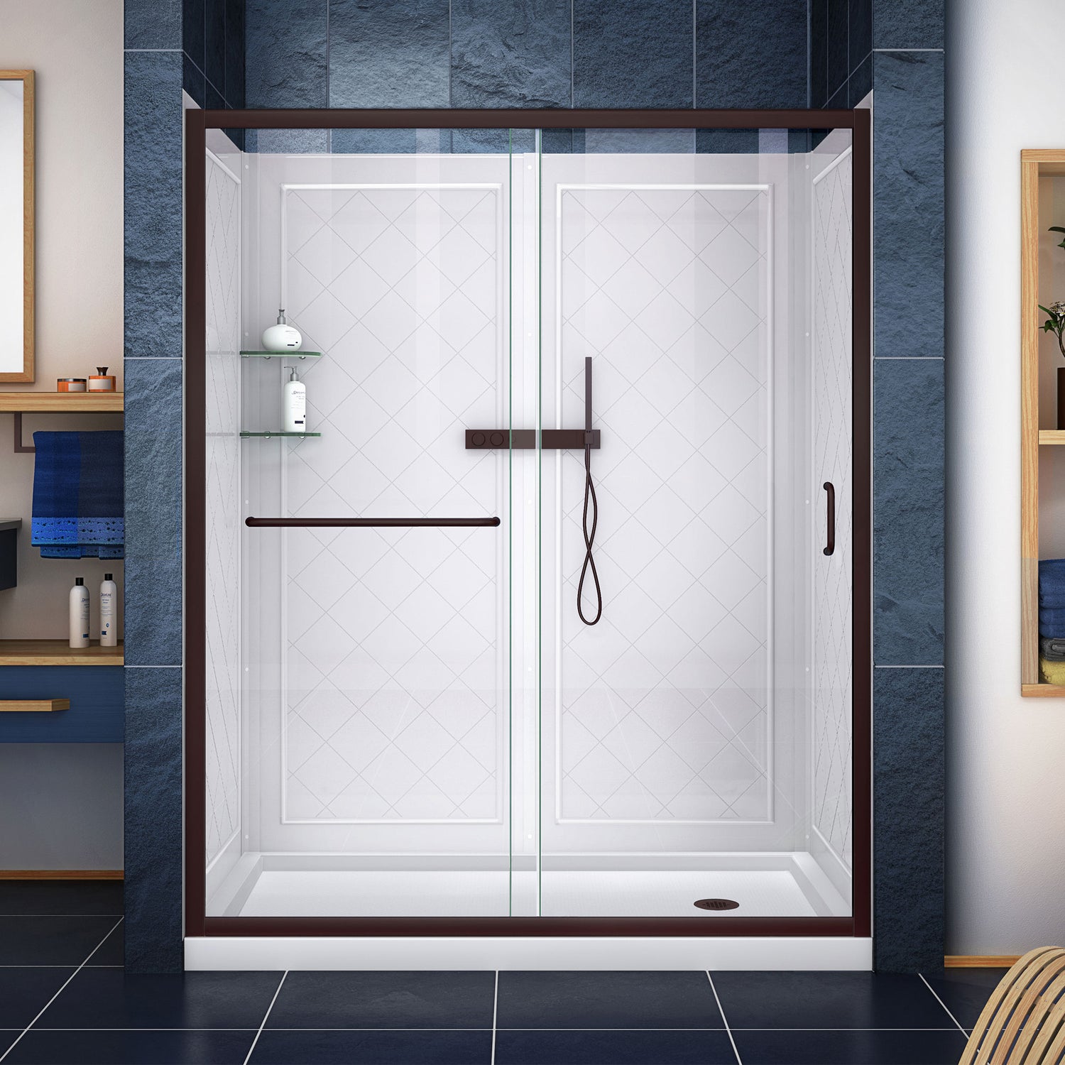DreamLine Infinity-Z 32 in. D x 60 in. W x 76 3/4 in. H Clear Sliding Shower Door in Oil Rubbed Bronze, Right Drain and Wall Kit