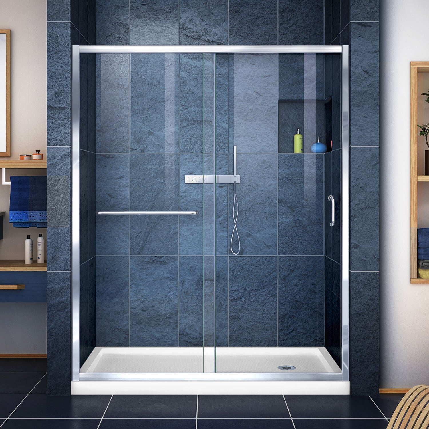 DreamLine Infinity-Z 30 in. D x 60 in. W x 74 3/4 in. H Clear Sliding Shower Door in Chrome and Right Drain White Base