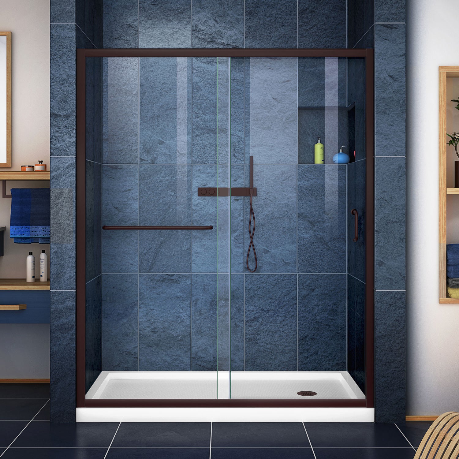 DreamLine Infinity-Z 32 in. D x 60 in. W x 74 3/4 in. H Clear Sliding Shower Door in Oil Rubbed Bronze and Right Drain White Base