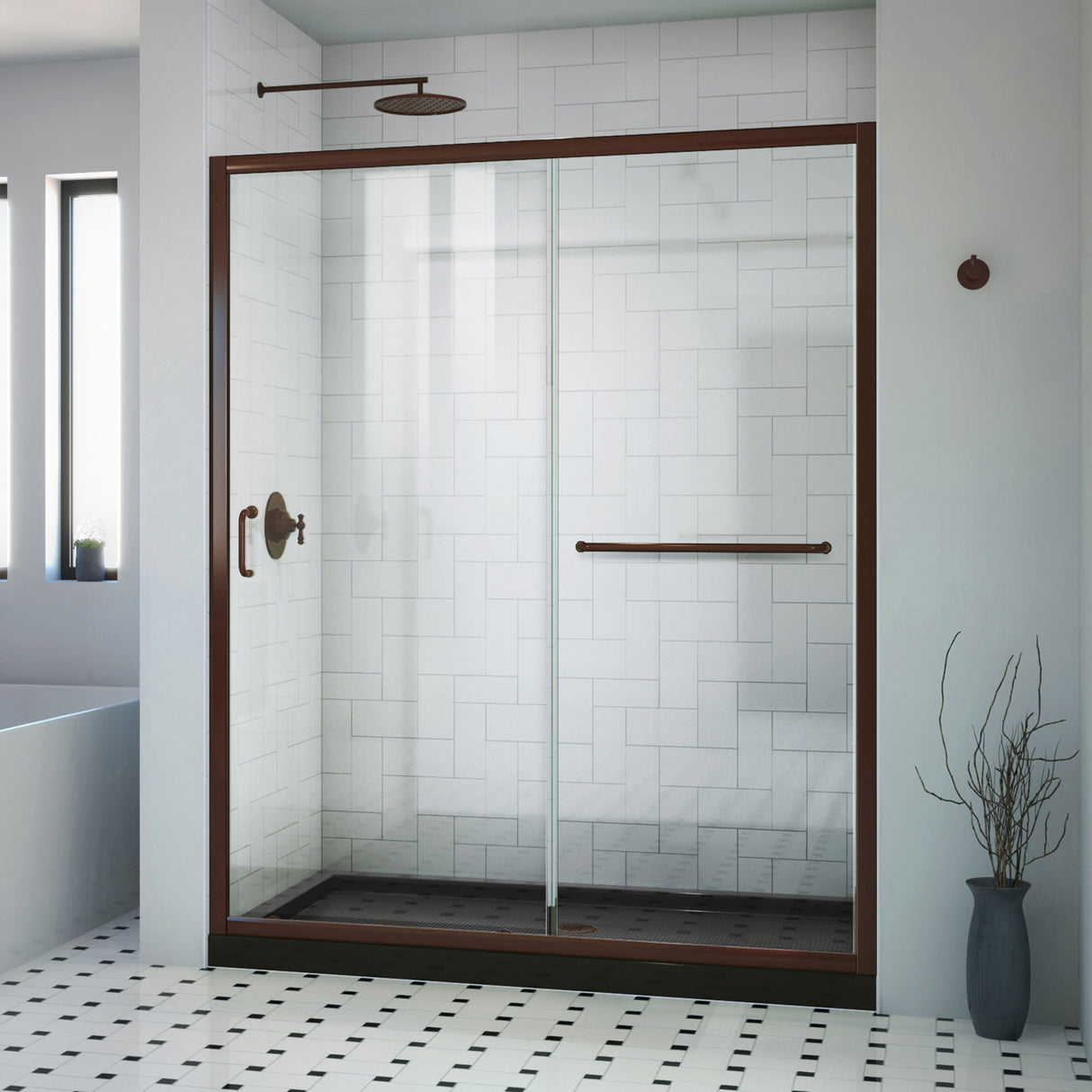 DreamLine Infinity-Z 36 in. D x 48 in. W x 74 3/4 in. H Clear Sliding Shower Door in Oil Rubbed Bronze and Center Drain Black Base