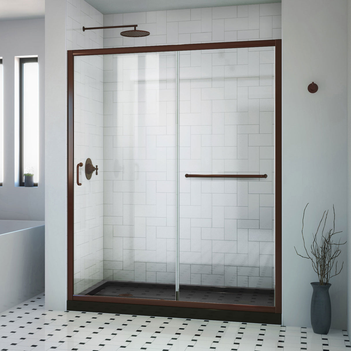 DreamLine Infinity-Z 36 in. D x 60 in. W x 74 3/4 in. H Clear Sliding Shower Door in Oil Rubbed Bronze, Left Drain Black Base