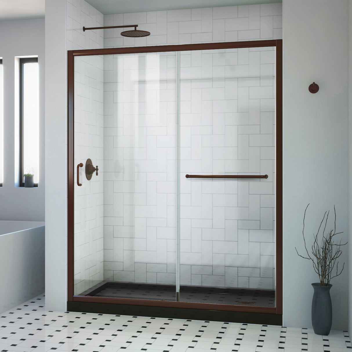 DreamLine Infinity-Z 32 in. D x 60 in. W x 74 3/4 in. H Clear Sliding Shower Door in Oil Rubbed Bronze, Right Drain Black Base