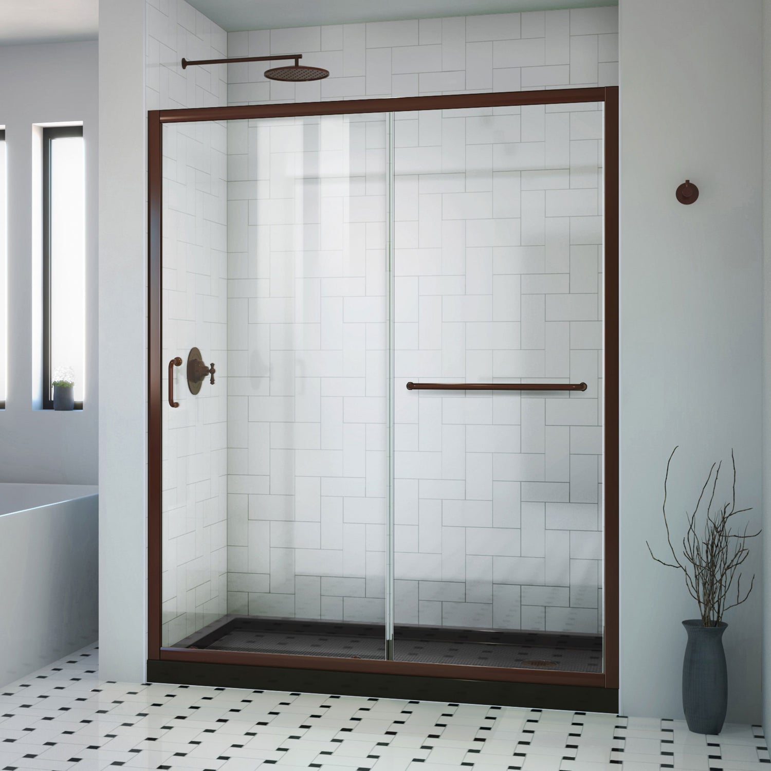 DreamLine Infinity-Z 36 in. D x 60 in. W x 74 3/4 in. H Clear Sliding Shower Door in Oil Rubbed Bronze, Right Drain Black Base