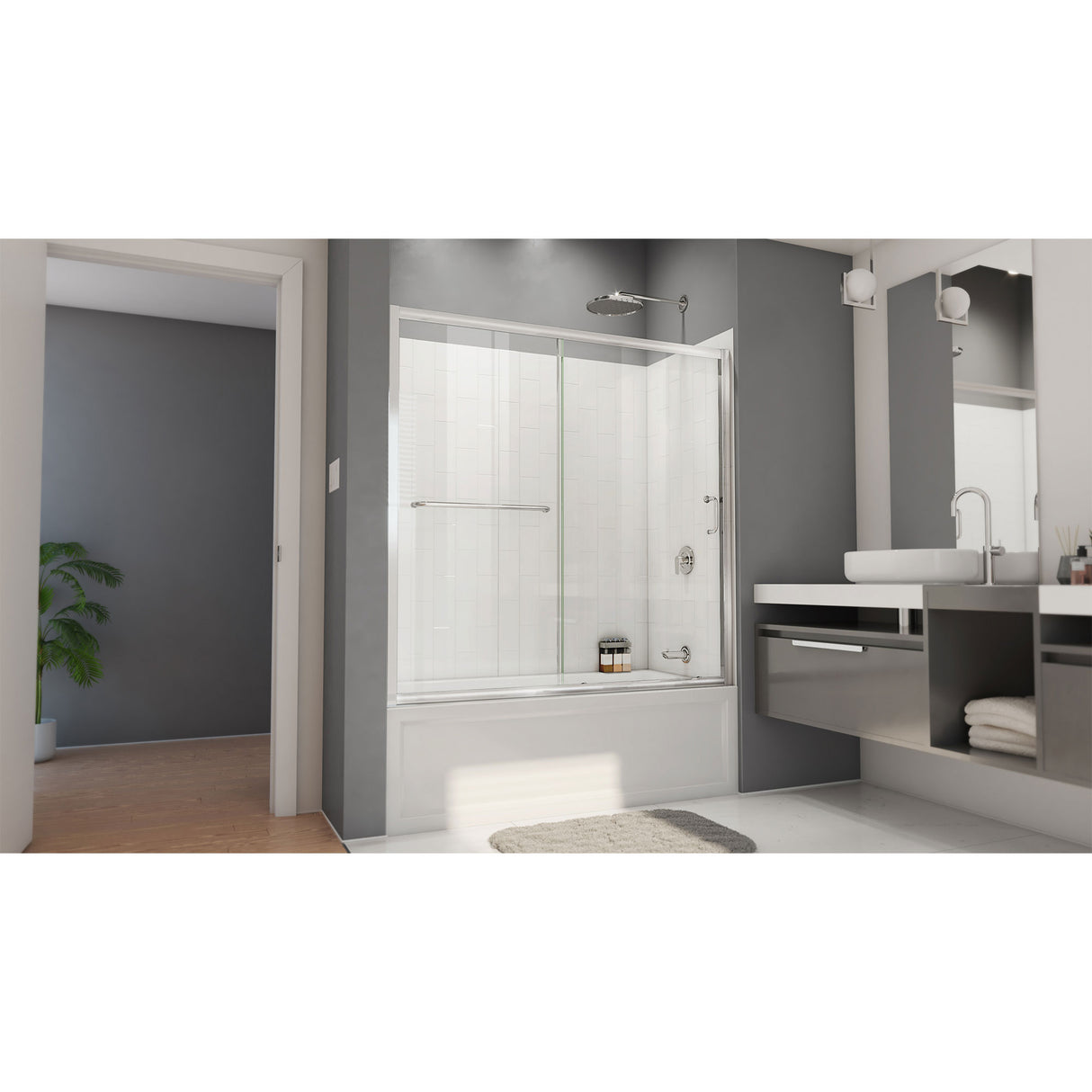 DreamLine Infinity-Z 56-60 in. W x 60 in. H Sliding Tub Door and White Wall Kit in Chrome and Clear Glass