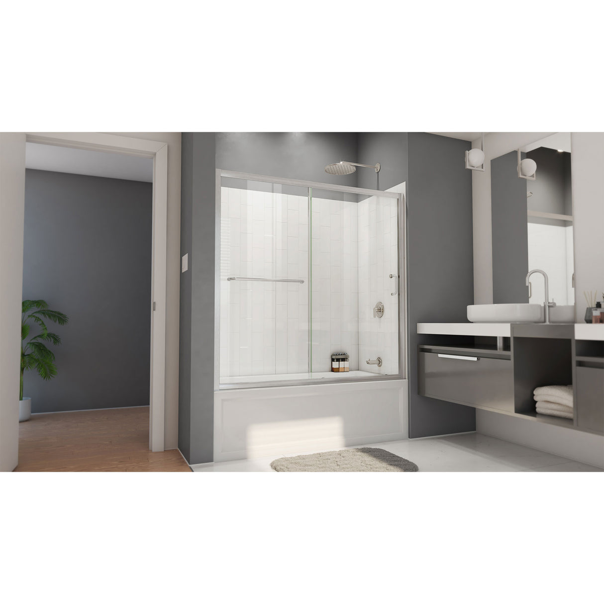 DreamLine Infinity-Z 56-60 in. W x 60 in. H Sliding Tub Door and White Wall Kit in Brushed Nickel and Clear Glass