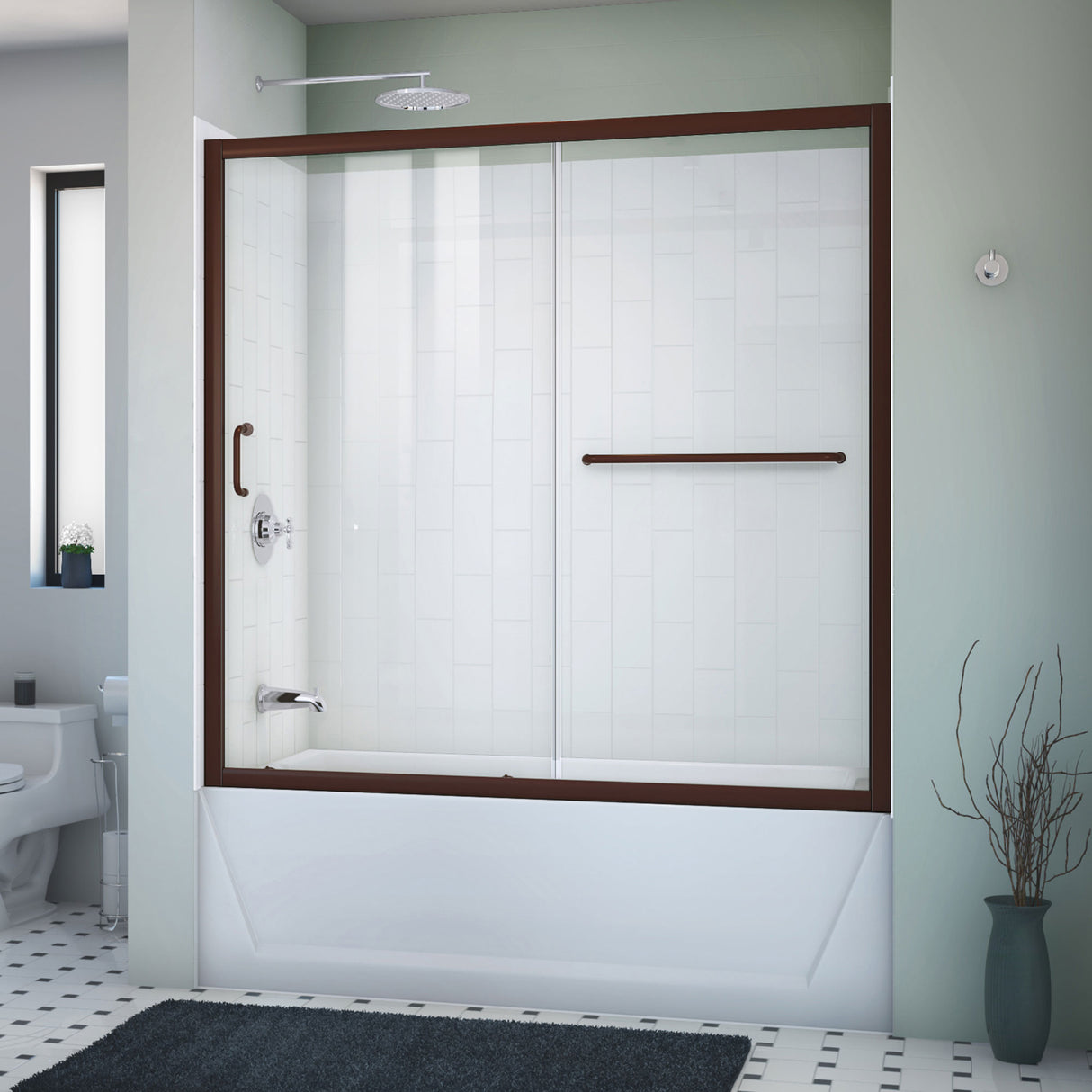 DreamLine Infinity-Z 56-60 in. W x 60 in. H Clear Sliding Tub Door in Oil Rubbed Bronze with White Acrylic Wall Kit