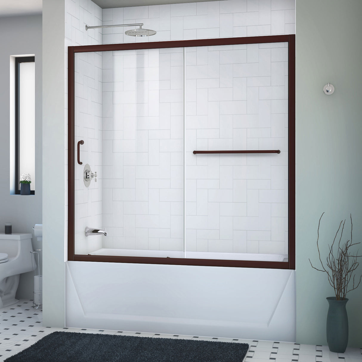 DreamLine Infinity-Z 56-60 in. W x 58 in. H Semi-Frameless Sliding Tub Door, Clear Glass in Oil Rubbed Bronze
