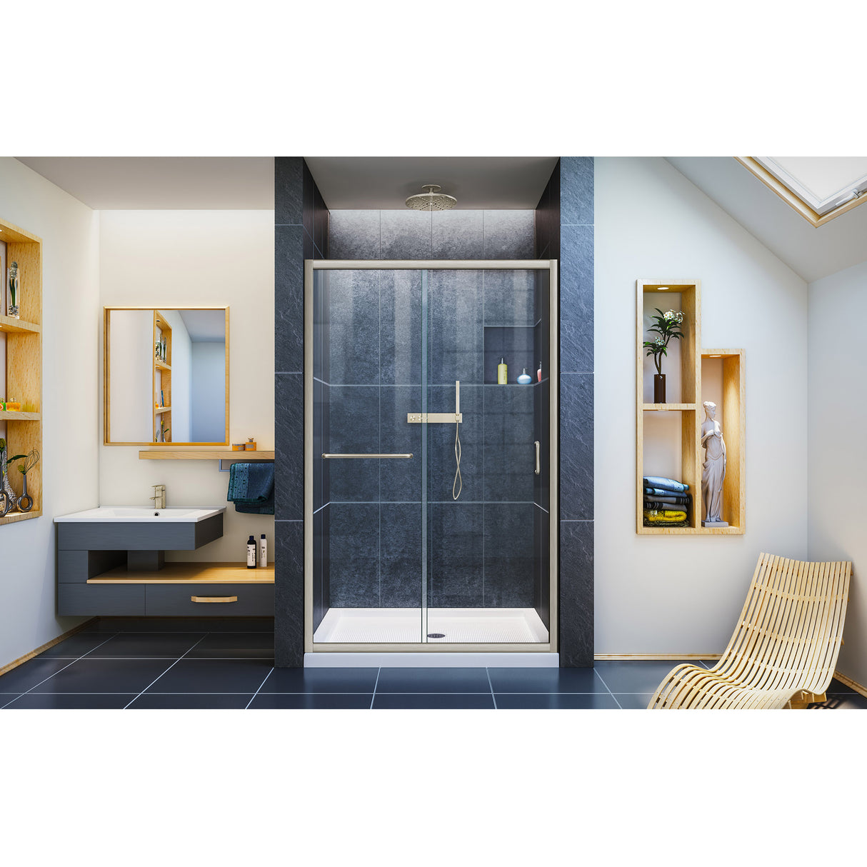 DreamLine Infinity-Z 36 in. D x 48 in. W x 74 3/4 in. H Clear Sliding Shower Door in Brushed Nickel and Center Drain White Base